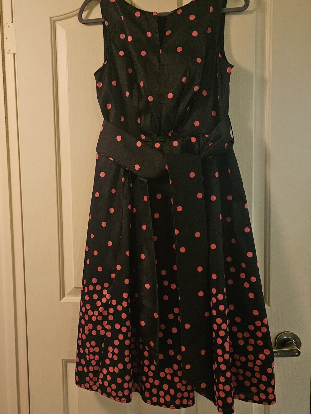 eshakti Black Dress with Pink Polka Dots and Waist Sash
